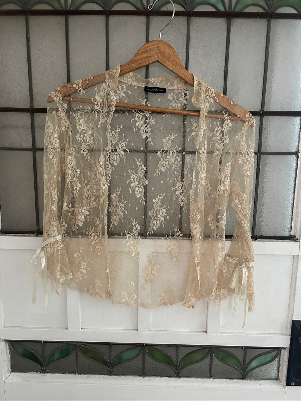 Sheer Floral Lace Kimono Jacket in Champagne
